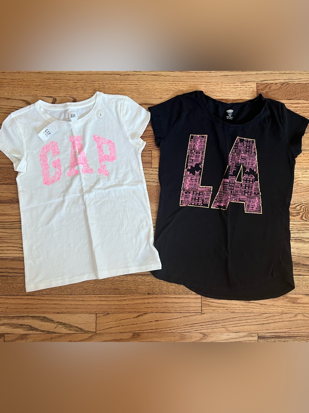GAP Girls White Tee with Pink Logo and LA Tee Sz 12/14